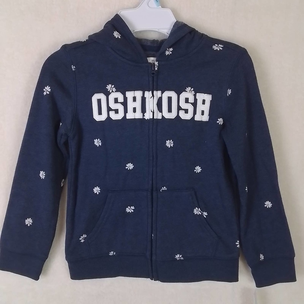Oshkosh Full‎ Zip Fleece Hoodie Girl's Size 5T in Denim Blue w/ White Daisies